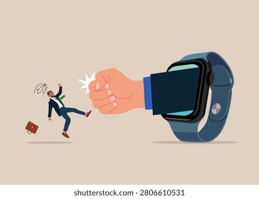 Smart watch digital display and silicone bracelets. Unsuitable candidate. Eliminate business competitors. Modern vector illustration in flat style