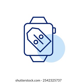 Smart watch with discount price tag on it. Special deals, promotions on wearable devices. Online shopping. Pixel perfect vector icon