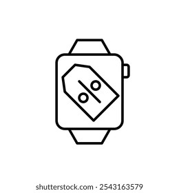 Smart watch with discount price tag on it. Special deals, promotions on wearable devices. Online shopping. Pixel perfect, editable stroke icon