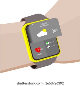 smart watch displays application illustrations weather, heart rate and messege