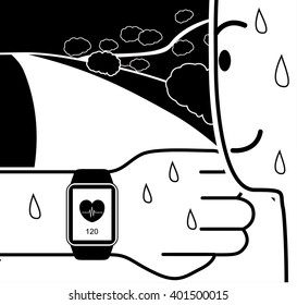 Smart Watch Exercise Monochrome Cartoon Vector Illustration