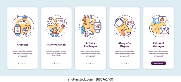 Smart watch features onboarding mobile app page screen with concepts. Altimeter, activity challenges walkthrough 5 steps graphic instructions. UI vector template with RGB color illustrations