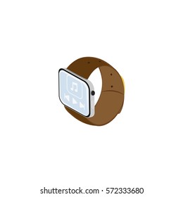 Smart watch featuring music management. Brown strap. Vector. Isometry.