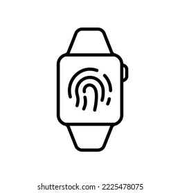 Smart Watch with Fingerprint Identification Technology Line Icon. Touch ID in Smartwatch Linear Pictogram. Clock with Touchscreen Outline Symbol. Editable Stroke. Isolated Vector Illustration.