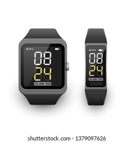 Smart watch and fitness band, activity tracker or sport bracelet with digital clock app on screen. Vector illustration on white background