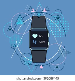 Smart Watch Fitness Tracker Application Technology Electronic Device Over Triangle Geometric Background Vector Illustration