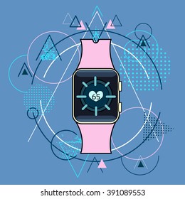 Smart Watch Fitness Tracker Application Technology Electronic Device Over Triangle Geometric Background Vector Illustration