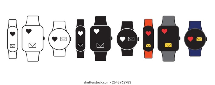 smart watch, fitness tracker, relógio digital, ícone de linha, ícone da silhueta, ícone plano.
