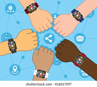 Smart Watch Flat Conecting People Five Hands