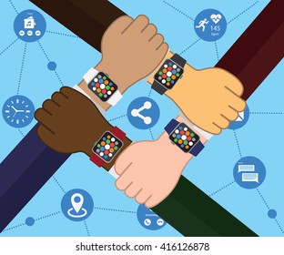 Smart Watch Flat Conecting People Four Hands