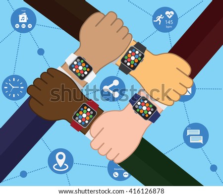 Smart Watch Flat Conecting People Four Hands
