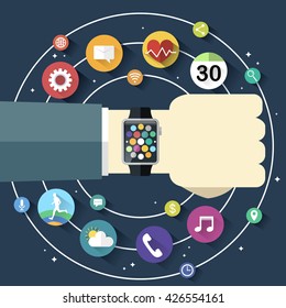 smart watch flat design illustration - applications icons show up from a watch