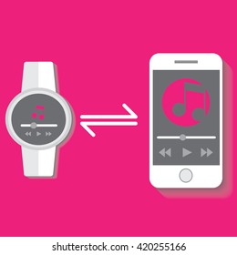 smart watch in flat design and music application with transfer and connect icon to smart phone. Eps10 vector illustration.