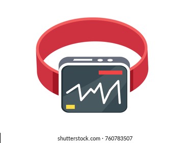 Smart watch in flat design on white background. Modern smartwatch with red bracelet displaying heartbeats on black screen. Vector illustration of wireless technology, mobile device in cartoon style.