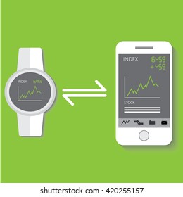 smart watch in flat design and stock application with transfer and connect icon to smart phone. Eps10 vector illustration.