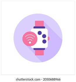 Smart watch flat icon. Smart modern device and accessory. NFC wristwatch. Digital smart technologies concept. Color vector illustration