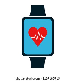 Smart watch flat icon with red heart beat app symbol isolated on white background. Vector illustration.