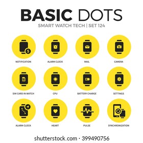Smart watch flat icons set with alarm clock, heart and pulse isolated vector illustration
