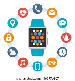 Smart watch in flat style and white icons in circles around it