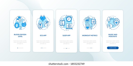 Smart watch functions onboarding mobile app page screen with concepts. Oxygen saturation, ECG app walkthrough 5 steps graphic instructions. UI vector template with RGB color illustrations