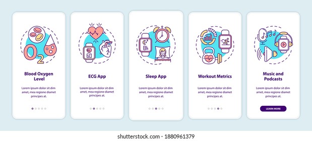 Smart watch functions onboarding mobile app page screen with concepts. Blood oxygen level, ECG app walkthrough 5 steps graphic instructions. UI vector template with RGB color illustrations