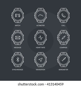 Smart watch functions thin line icons set on dark background. Exclusive gadget outline sign vector illustration. Premium quality digital clock web simple symbol collection. 