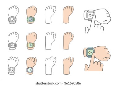 Smart watch gestures. Hands with smart watches. Vector illustrations