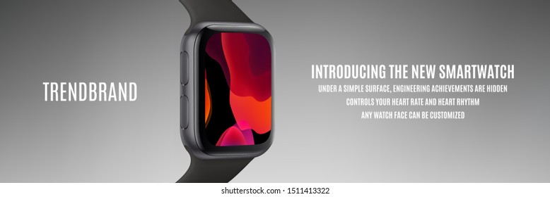 Smart Watch Gray Color With Colorful Touch Screen Saver Isolated On Grey Background. Realistic Mockup Of Wrist Clock In Aluminum Case With Silicone Band. Stock Vector 3d Isometric Illustration