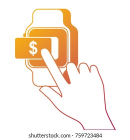 smart watch with hand and finger pointing at pay button business payment