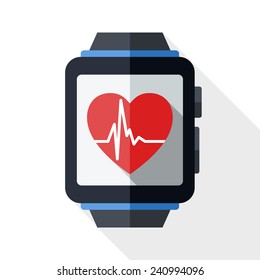 Smart Watch With Health App Icon And Long Shadow On White Background