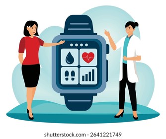 Smart watch health care concept. Man in medical uniform and woman near smart watches with health indicators.