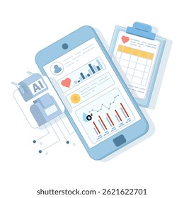 Smart watch and health tracker concept. AI based diagnostics. Algorithm analyzing health data. Medical insights in healthcare. Flat design vector illustration on background.