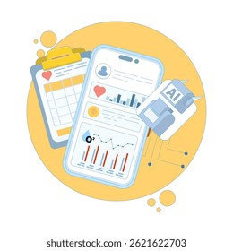 Smart watch and health tracker concept. AI based diagnostics. Algorithm analyzing health data. Medical insights in healthcare. Flat design vector illustration on background.