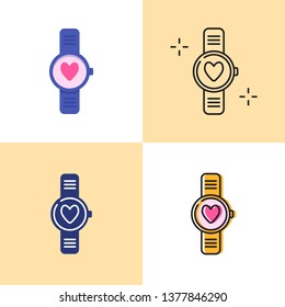 Smart watch with heart icon set in flat and line styles