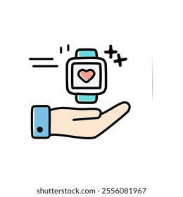 Smart watch with heart icon, vector illustration. Flat design style hand and digital time clock.