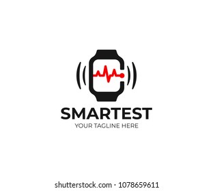 Smart watch and heartbeat line logo template. Smartwatch and pulse vector design. Wristwatch logotype