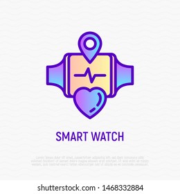 Smart watch with heartbeat on screen. Fitness gadget. Thin line icon. Modern vector illustration.