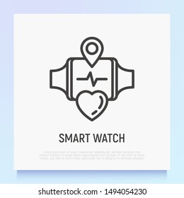 Smart watch with heartbeat on screen. Fitness gadget. Thin line icon. Modern vector illustration.