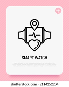 Smart watch with heartbeat on screen. Fitness gadget. Thin line icon. Modern vector illustration.