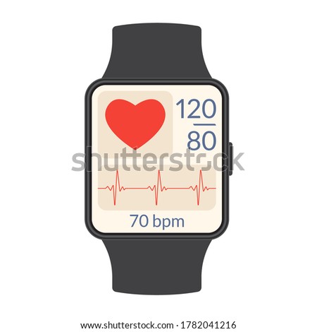 Smart watch with heartbeat rate or pulse tracker app and blood pressure monitor. Fitness application deign for smartwatch. Health care check with Heart beat line and Pulse trace. Vector illustration.