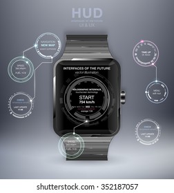 Smart watch with HUD UI. HUD abstract circle structure. Science infographic elements background. Futuristic user interface. Abstract background with connecting dots and lines. Connection structure.