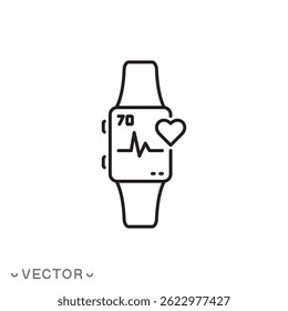 smart watch icon, heart rate concept, thin line symbol isolated on white background, editable stroke eps 10 vector illustration