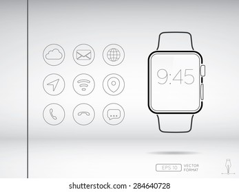 Smart watch icon in line style illustration and communication app icons with blank screen  - Vector design concept