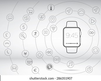 Smart watch icon in line style illustration and app icons on white background screen - Vector design concept