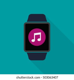 Smart watch icon with media player app symbol. Vector isolated color illustration.