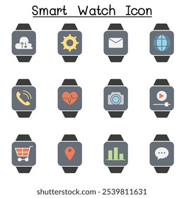 Smart watch icon set in flat color style