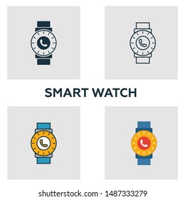 Smart Watch icon set. Four elements in diferent styles from visual device icons collection. Creative smart watch icons filled, outline, colored and flat symbols.