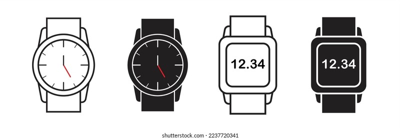 Icono de reloj inteligente. Colección de símbolos Smartwatch. Señales de iconos de reloj. Pulsera o reloj de pulsera. Ilustración vectorial.	
