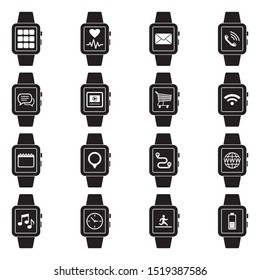 Smart Watch Icons. Black Flat Design. Vector Illustration.