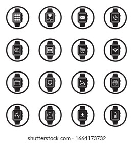 Iconos Smart Watch. Diseño Plano Negro En Círculo. Ilustración vectorial.